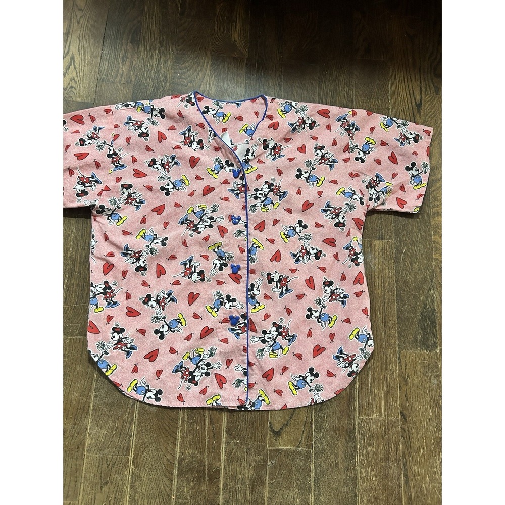 Women's Disney Mickey Minnie Red Love Scrub Button Up Top Size M Vtg